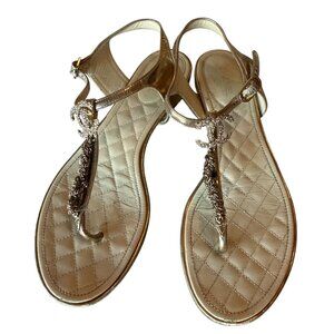 Chanel Crystal Embellished CC Logo T-Strap Sandal - Gold - 9 US 40C EU